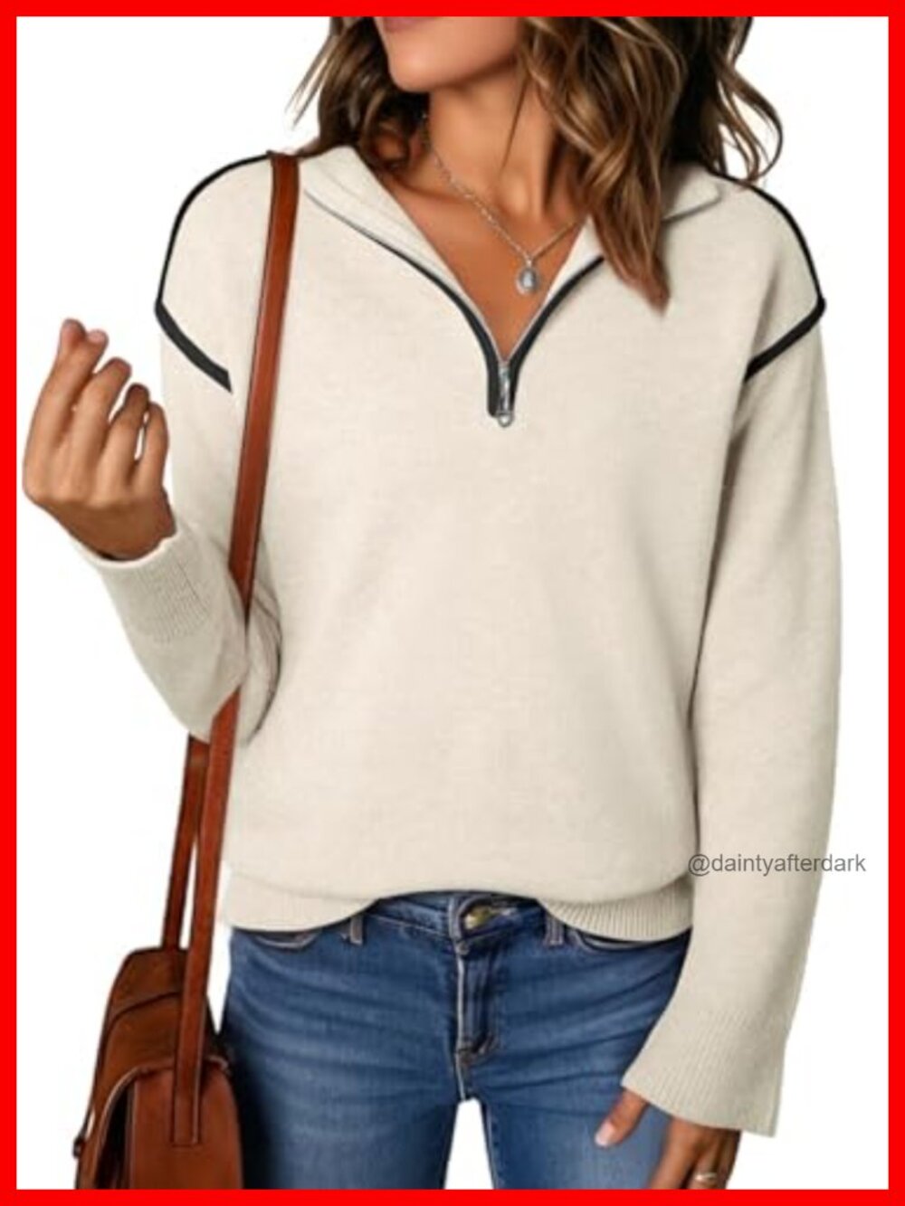 Women's 1/4 Zip Stand Collar V-Neck Ribbed Knit Pullover Sweater Loose Fit